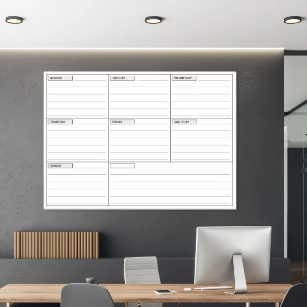 Weekly planner dry-erase board in English 016 - Office setup with dark walls and modern furniture.