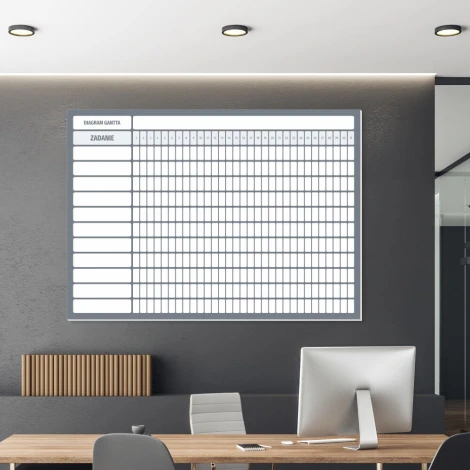 Monthly Gantt chart dry-erase magnetic board 113 - Office arrangement with gray walls and furniture.