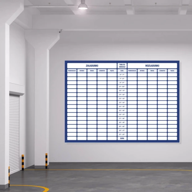 Magnetic whiteboard for loading and unloading, ideal for warehouse organization. White walls and gray floor.