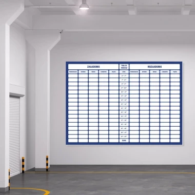Magnetic whiteboard for loading and unloading, ideal for warehouse organization. White walls and gray floor.