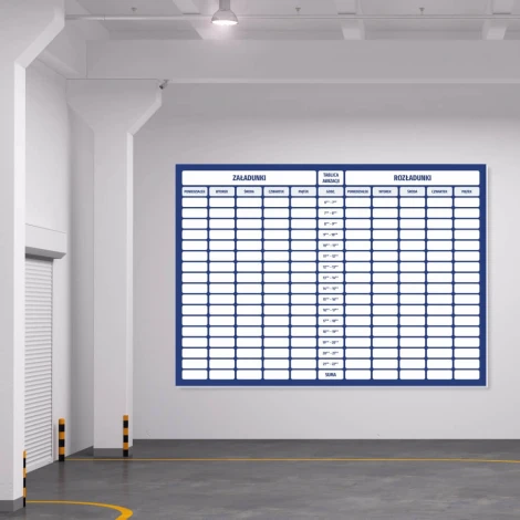 Magnetic whiteboard for loading and unloading, ideal for warehouse organization. White walls and gray floor.