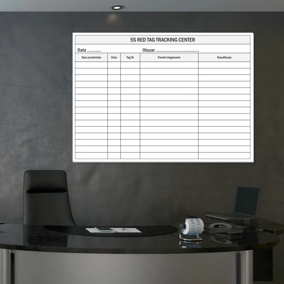 5S Red Tag Tracking Center whiteboard Lean 129 - Office setup with light-colored walls, minimalist design.