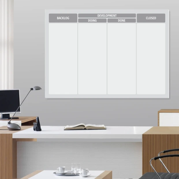Agile board 143 dry-erase board for lean management - Office setup with light walls and modern brown furniture.