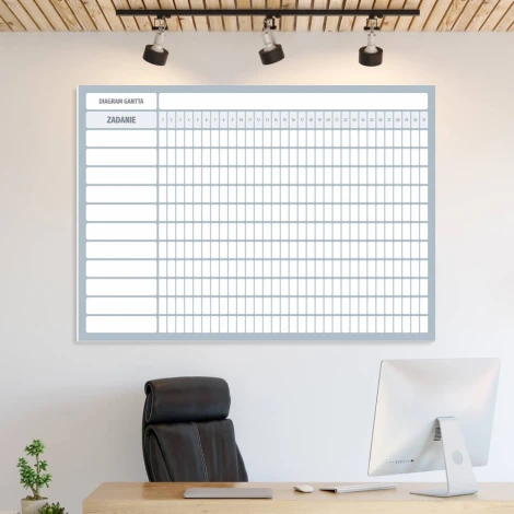 Gantt chart with daily breakdown, dry-erase board Lean 113 - Office arrangement. Light-colored walls.