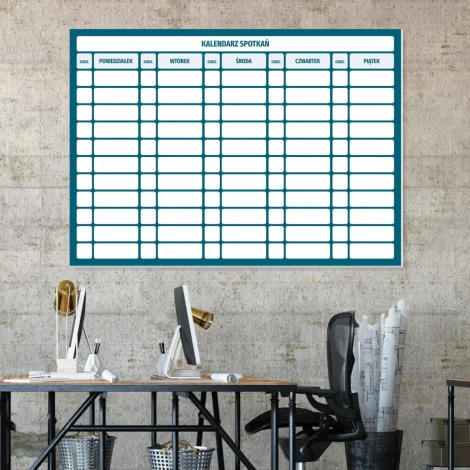 Lean 114 dry-erase meeting calendar board - Office setup with gray-beige walls, minimalist design.