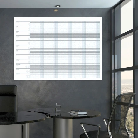 Universal yearly whiteboard calendar 270 - Office setup with dark walls and modern furniture.