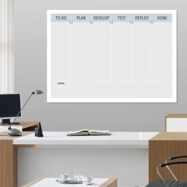 Lean dry-erase Kanban board 093 - Office setup with light-colored walls and modern wooden furniture.
