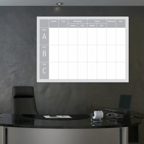 Lean dry-erase Kanban board 094 - Office setup with dark walls and minimalist furniture.