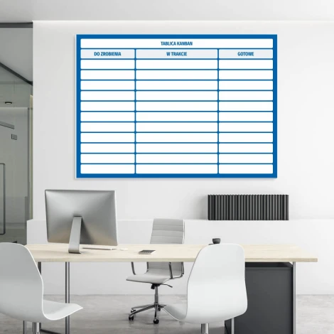 Lean 115 dry-erase Kanban board - Office setup with light-colored walls and modern minimalist furniture.