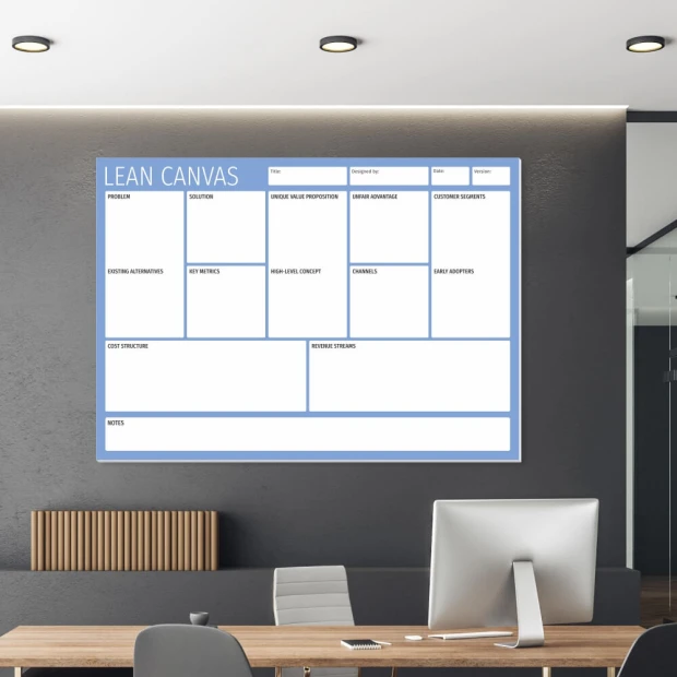 Lean canvas whiteboard 098 - Office setup with light-colored walls and modern wooden furniture.