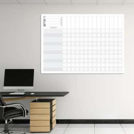 Lean 135 dry-erase competency matrix for office setup. Bright walls and wooden furniture create a modern look.