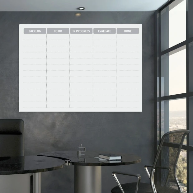 Scrum board 142 Dry-erase board for lean management - Office setup with gray walls and modern furniture.