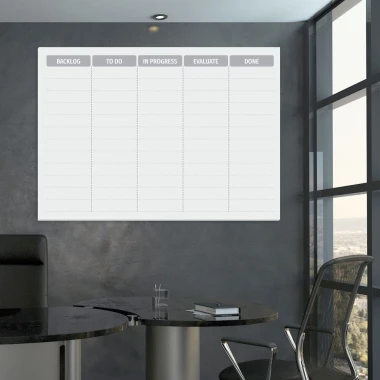Scrum board 142 Dry-erase board for lean management - Office setup with gray walls and modern furniture.