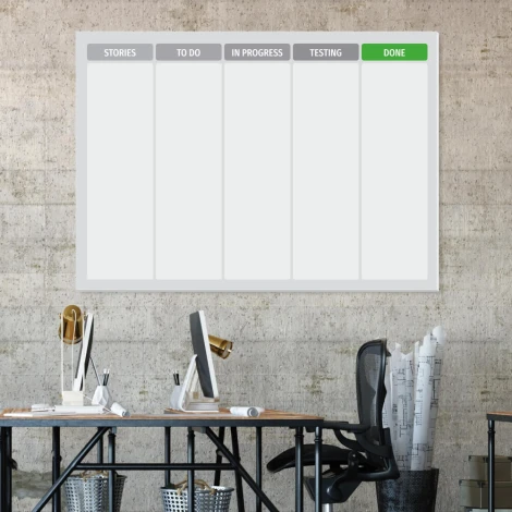 Scrum task board 141 Dry-erase board for lean management - Office setup with gray walls and minimalist furniture.