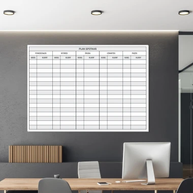 Dry-erase meeting planner board 087 - Office arrangement with gray walls and minimalist furniture.