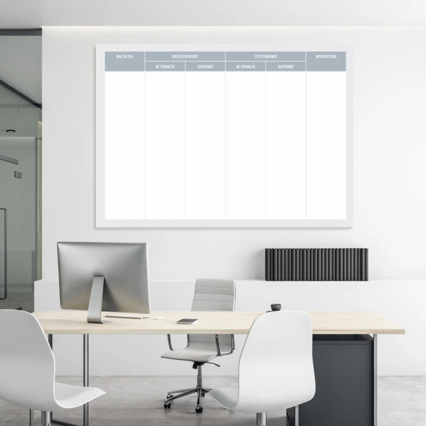Dry-erase Kanban board 095 - Office setup with light-colored walls and modern neutral furniture.