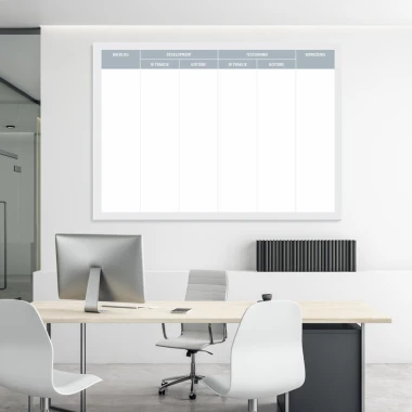 Dry-erase Kanban board 095 - Office setup with light-colored walls and modern neutral furniture.