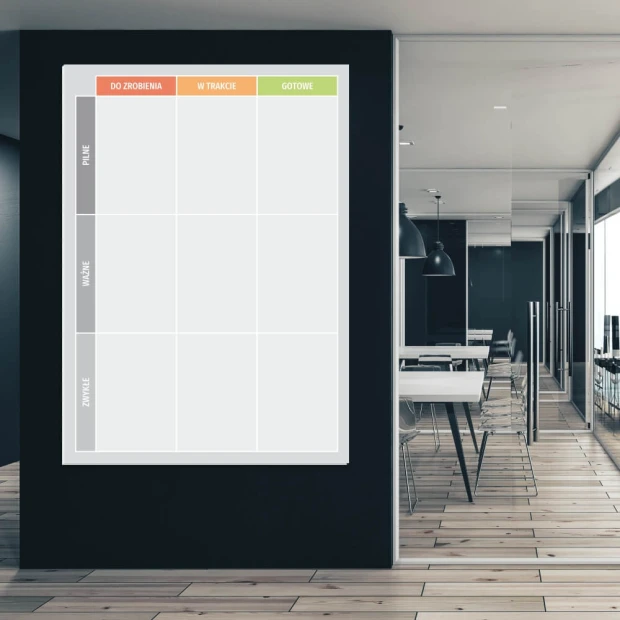 Dry-erase Kanban board 096 - Office setup with gray walls and wooden floor.