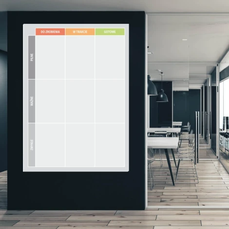 Dry-erase Kanban board 096 - Office setup with gray walls and wooden floor.
