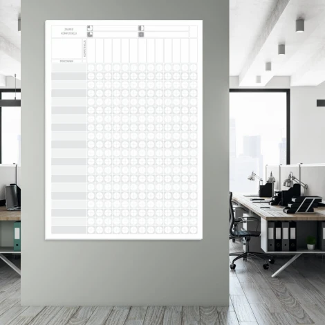 Dry-erase competency matrix board for 20 employees, ideal for office layout with light-colored walls.