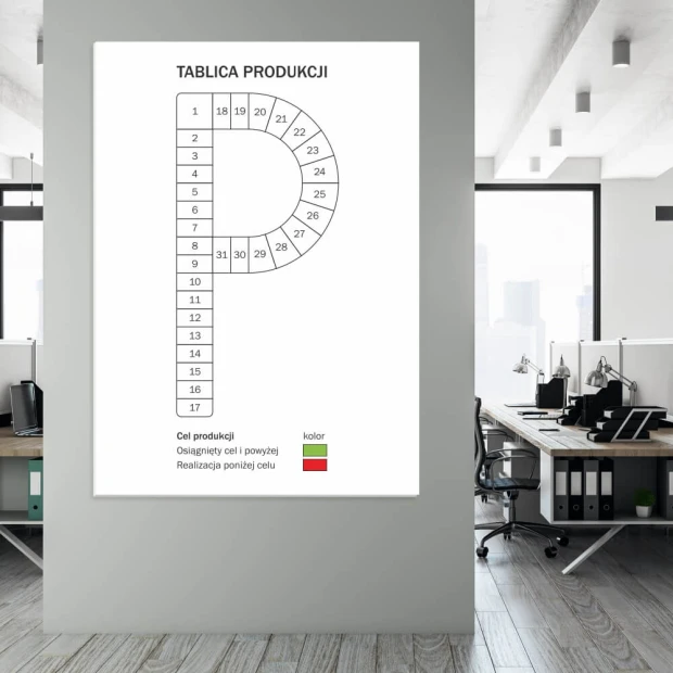 Lean dry-erase board for production 088 - Graphic design. Simple grid with numbers in circles, large letter P.