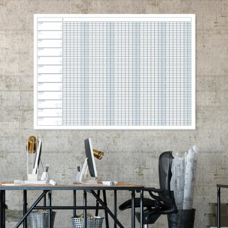 Universal yearly dry-erase calendar magnetic board for office decor. Walls in gray-beige tones.