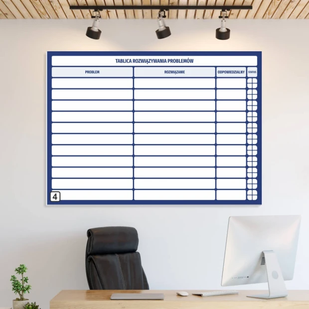 Lean 109 whiteboard for problem-solving - Office setup with light-colored walls and minimalist furniture.