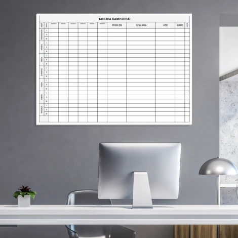 Lean 083 dry-erase board for kamishibai - Office setup with light-colored walls and modern furniture.