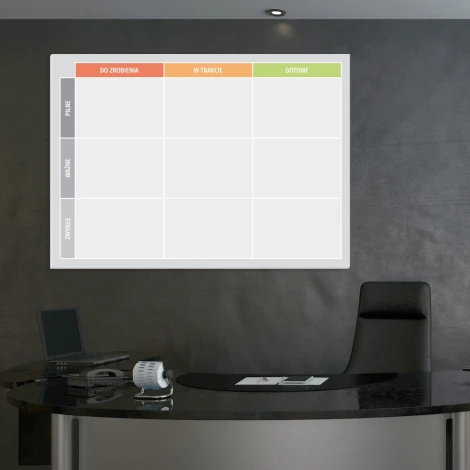 Kanban lean board whiteboard 138 - Office setup with dark walls and modern furniture.