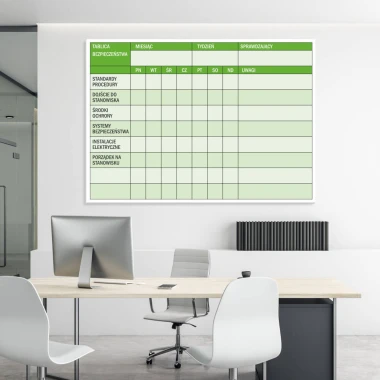 Lean safety whiteboard 073 - Office arrangement with light-colored walls and modern furniture.