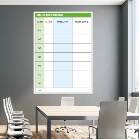 Lean safety whiteboard for production 072 - Office setup. Walls in gray-beige, table included.