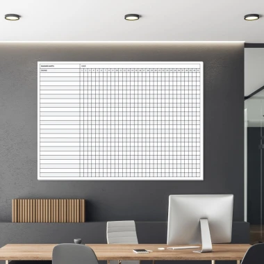 Monthly Gantt chart whiteboard for office setup. Gray walls and modern furniture.