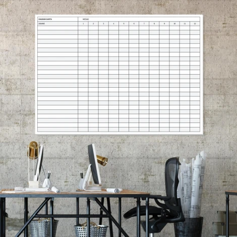 Yearly dry-erase Gantt chart with monthly divisions, ideal for office decor. Walls in a shade.