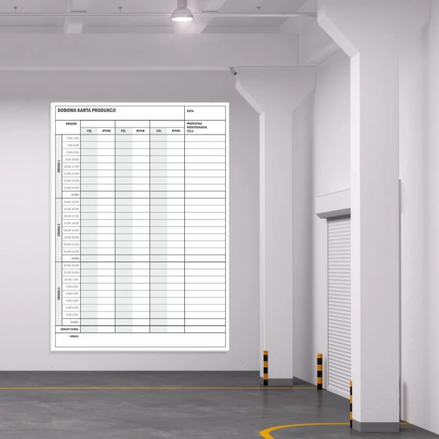 Lean daily production whiteboard 069 - Warehouse setup. White walls, gray floor.