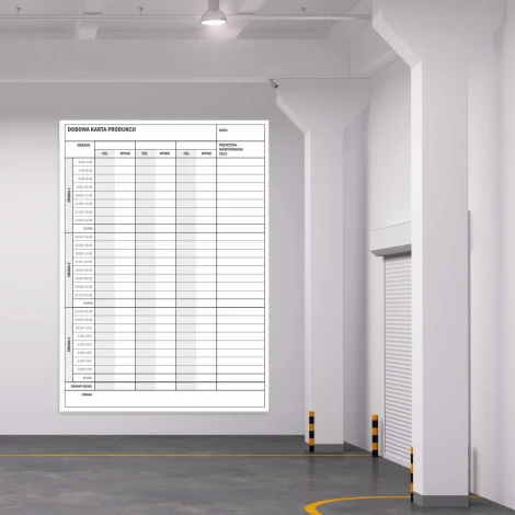 Lean daily production whiteboard 069 - Warehouse setup. White walls, gray floor.