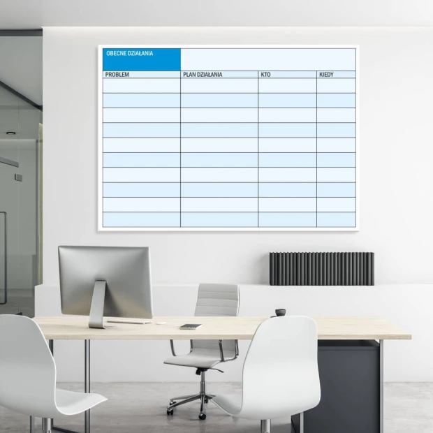 Lean action whiteboard 071 - Office setup with light-colored walls and minimalist furniture.