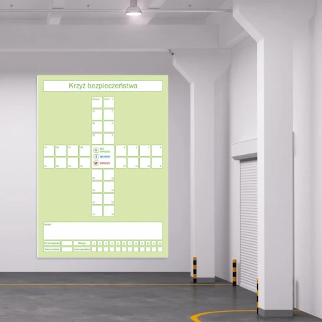 Lean safety cross dry-erase board 082 - Office setup with bright walls and concrete flooring.