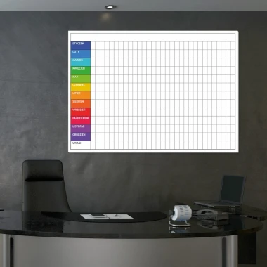 Annual lean planner whiteboard 048 - Office setup with gray-black walls and modern furniture.