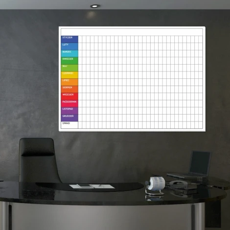 Annual lean planner whiteboard 048 - Office setup with gray-black walls and modern furniture.