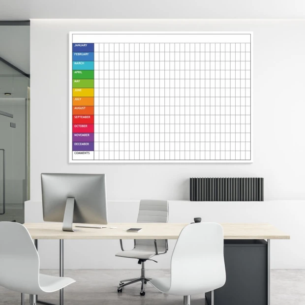 Yearly lean planner whiteboard 049 - Office setup with bright walls and minimalist furniture.