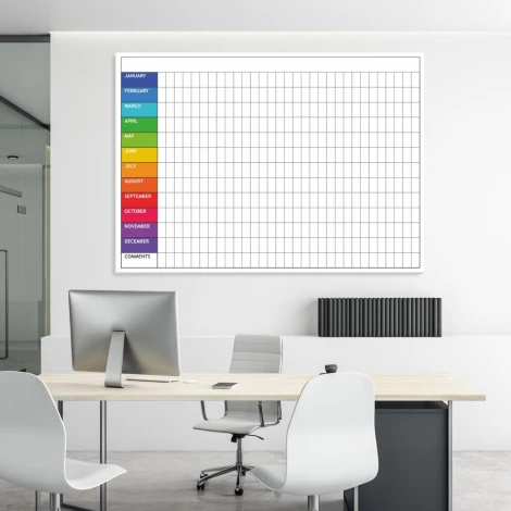 Yearly lean planner whiteboard 049 - Office setup with bright walls and minimalist furniture.