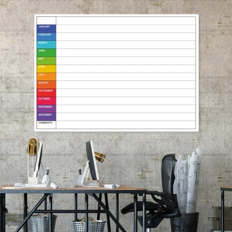 Yearly lean planner dry-erase board in English - Office setup with gray-beige walls, modern design.