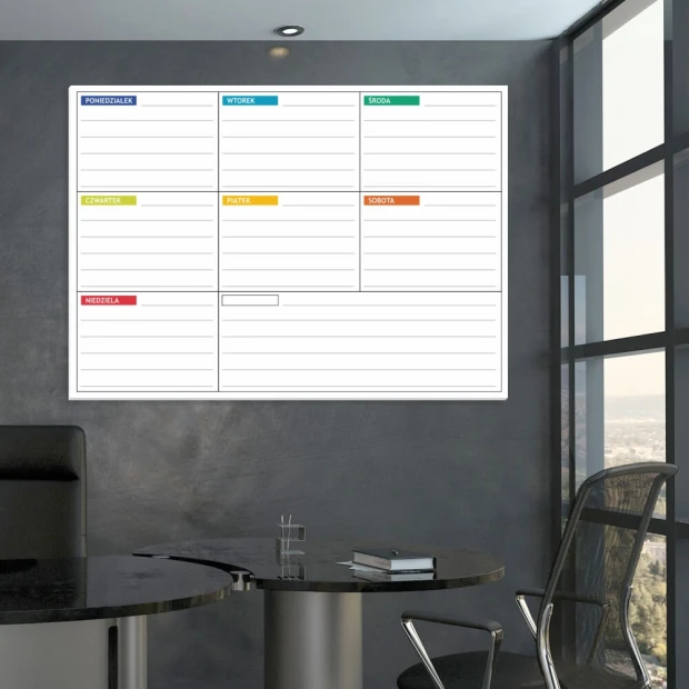 Weekly lean planner whiteboard 052 - Office setup with gray walls and modern furniture.