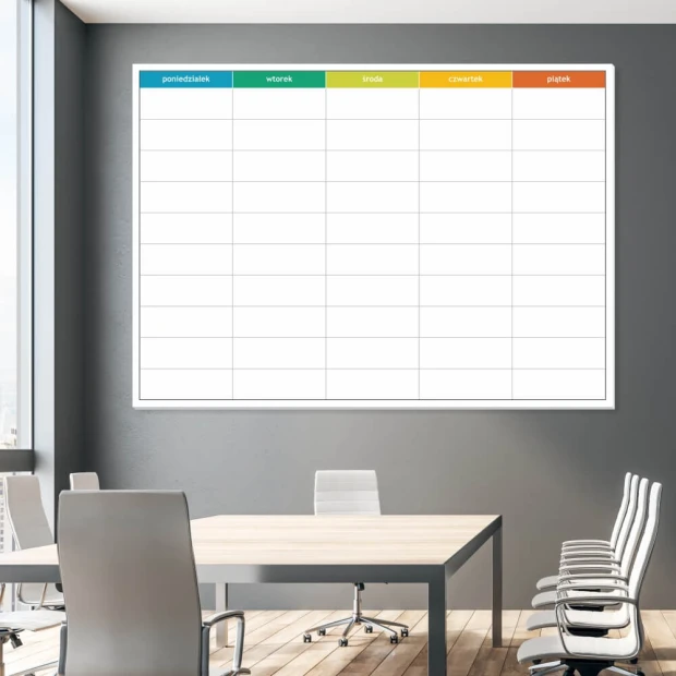 Weekly lean planner whiteboard 060 - Office setup with gray walls and modern furniture.