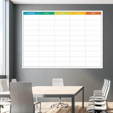 Weekly lean planner whiteboard 060 - Office setup with gray walls and modern furniture.