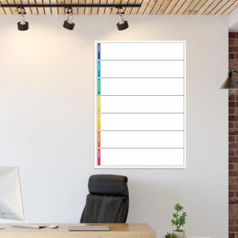 Weekly lean planner whiteboard 047 - Office setup with light-colored walls and wooden accents.