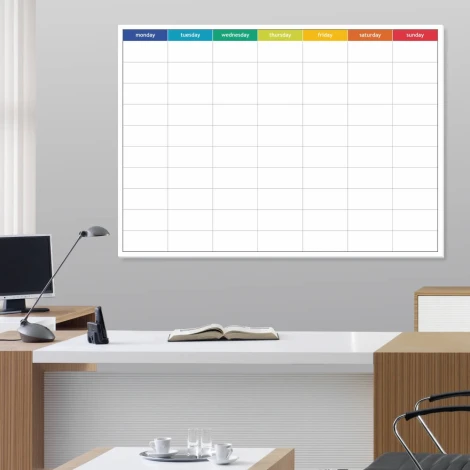 Weekly English lean planner whiteboard - Office setup with light-colored walls and furniture.