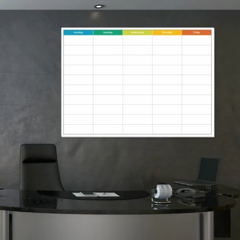 Weekly lean planner dry-erase board in English - Office arrangement. Gray-black wall color.