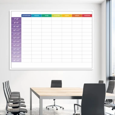 Weekly lean planner whiteboard with hours - Office arrangement. Bright walls and colored furniture.