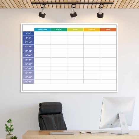 Weekly lean planner whiteboard with hours - Office setup. Light-colored walls, modern design.